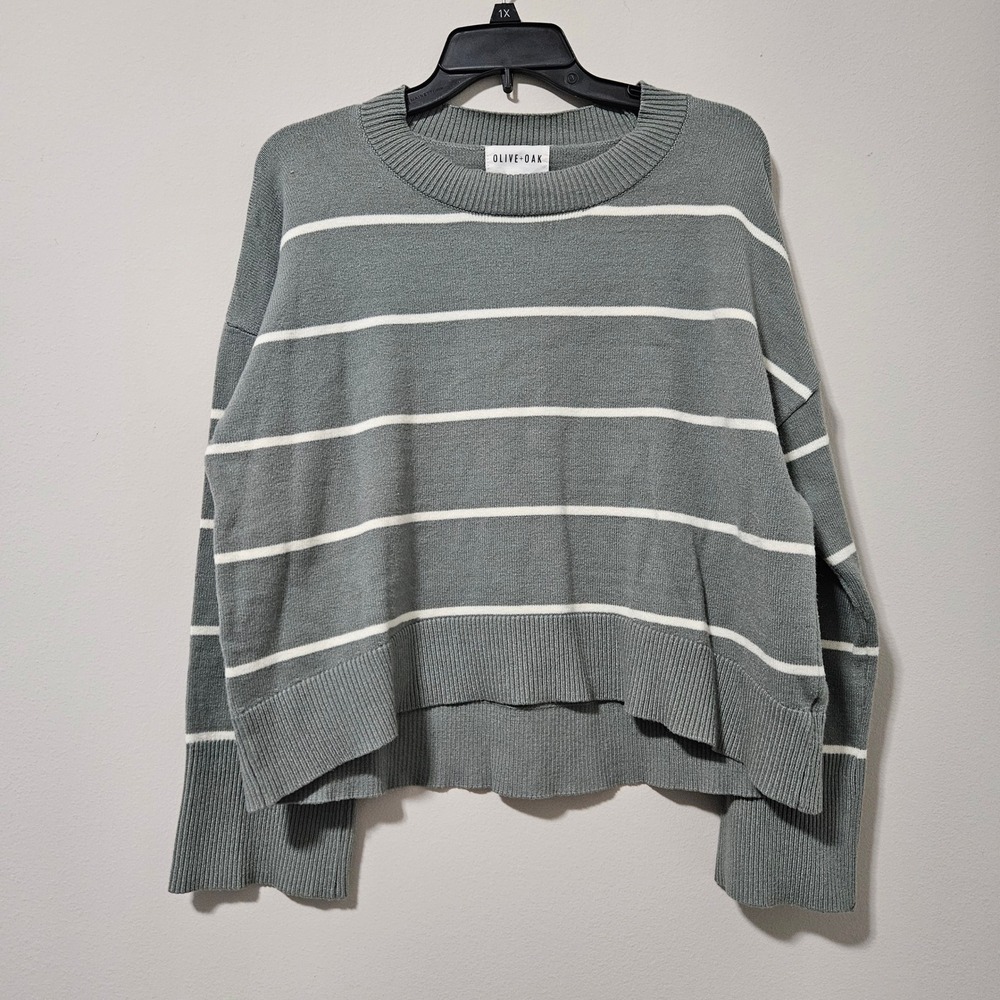 Olive + Oak Womens XL Sage Green White Striped Knit Pullover Sweater LF4S27883BK